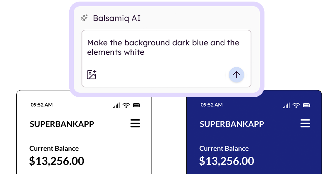 Balsamiq AI chat editing a wireframe's color scheme, shown before and after.