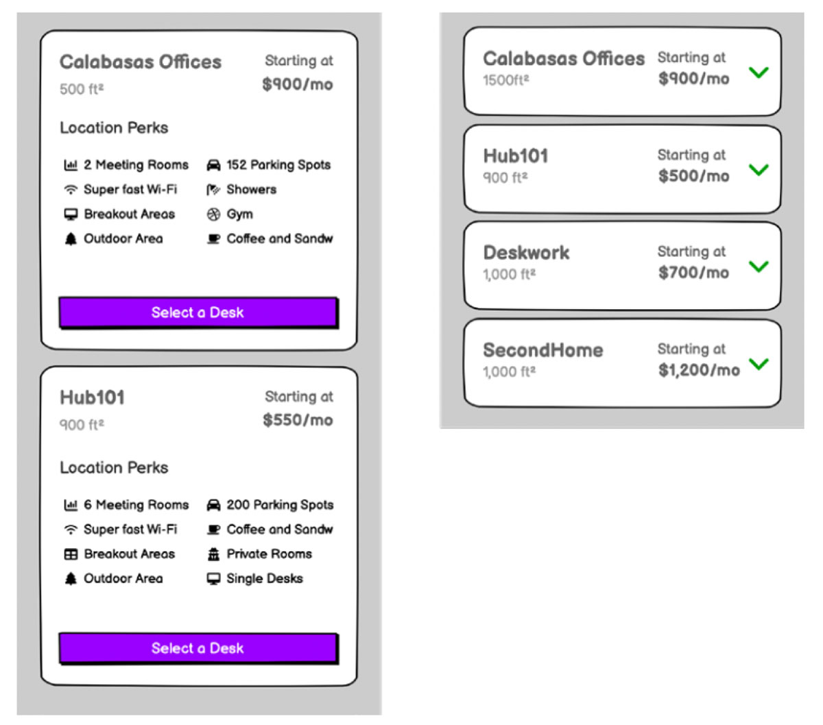 Two mobile UI designs showing detailed info cards (left) vs. collapsed summaries (right) for workspace listings.