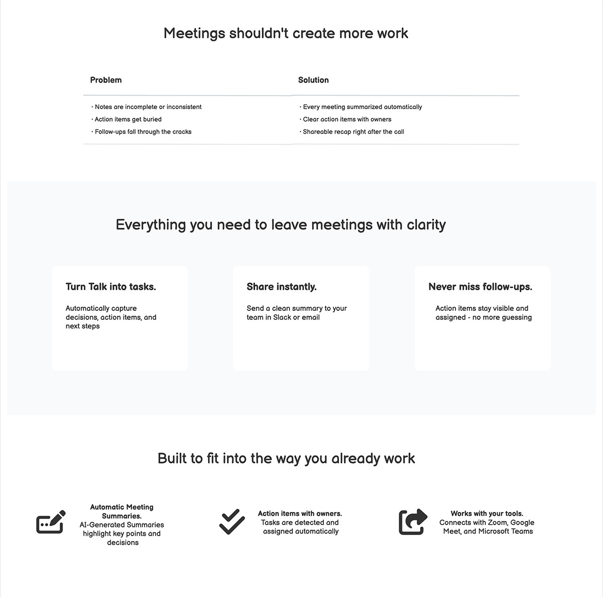 Wireframe of the middle section of a landing page that covers features and benefits