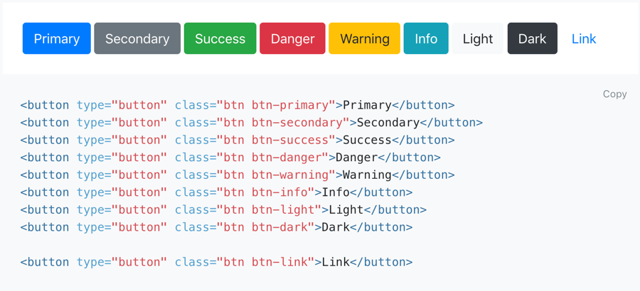 Section of Bootstrap design system showing the appearance and code for buttons.
