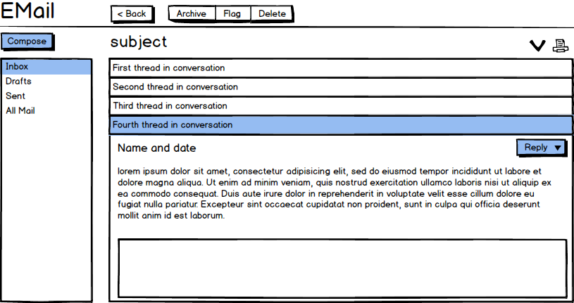 Balsamiq wireframe of an email provider with a focus on an email thread.